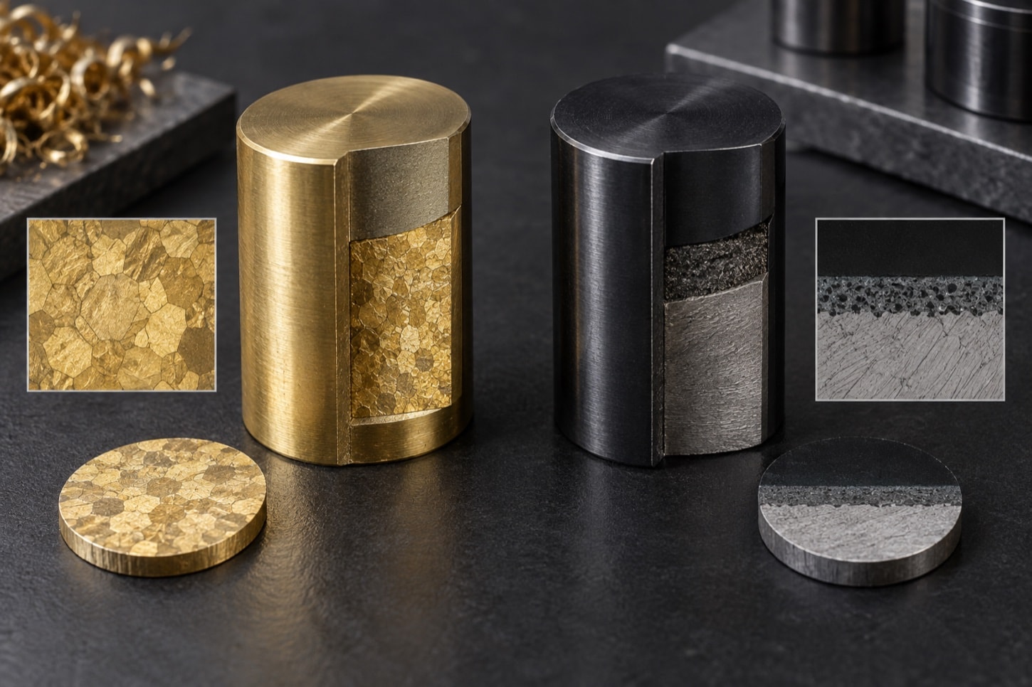 Brass and dark steel metallurgy samples showing surface and cross-section textures