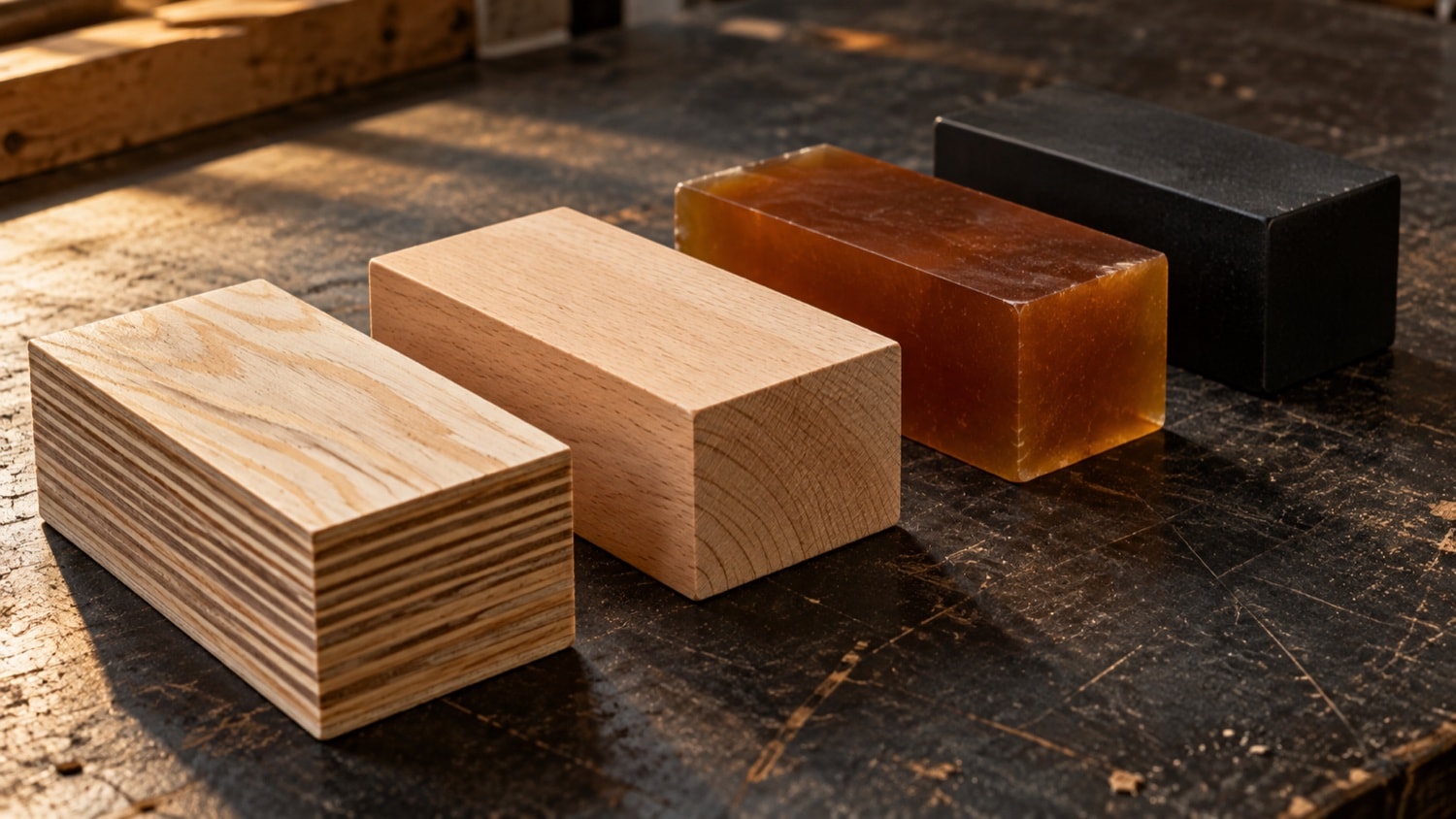 Laminated birch, beech, amber phenolic and black polymer sample blocks
