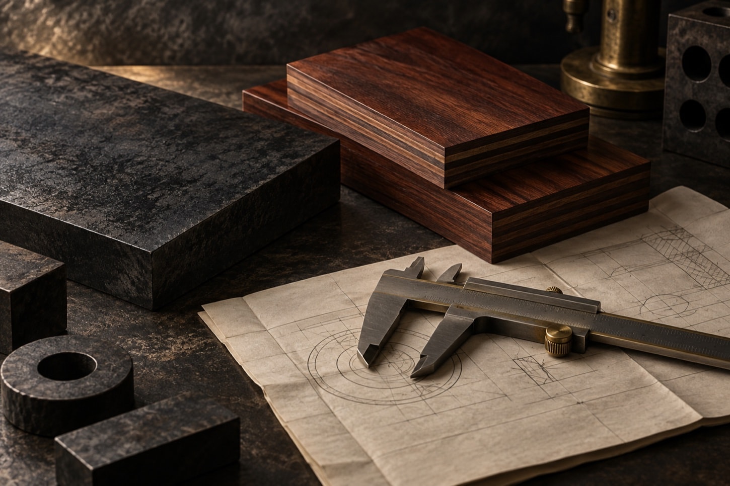 Steel and laminated wood specimens with measuring tools