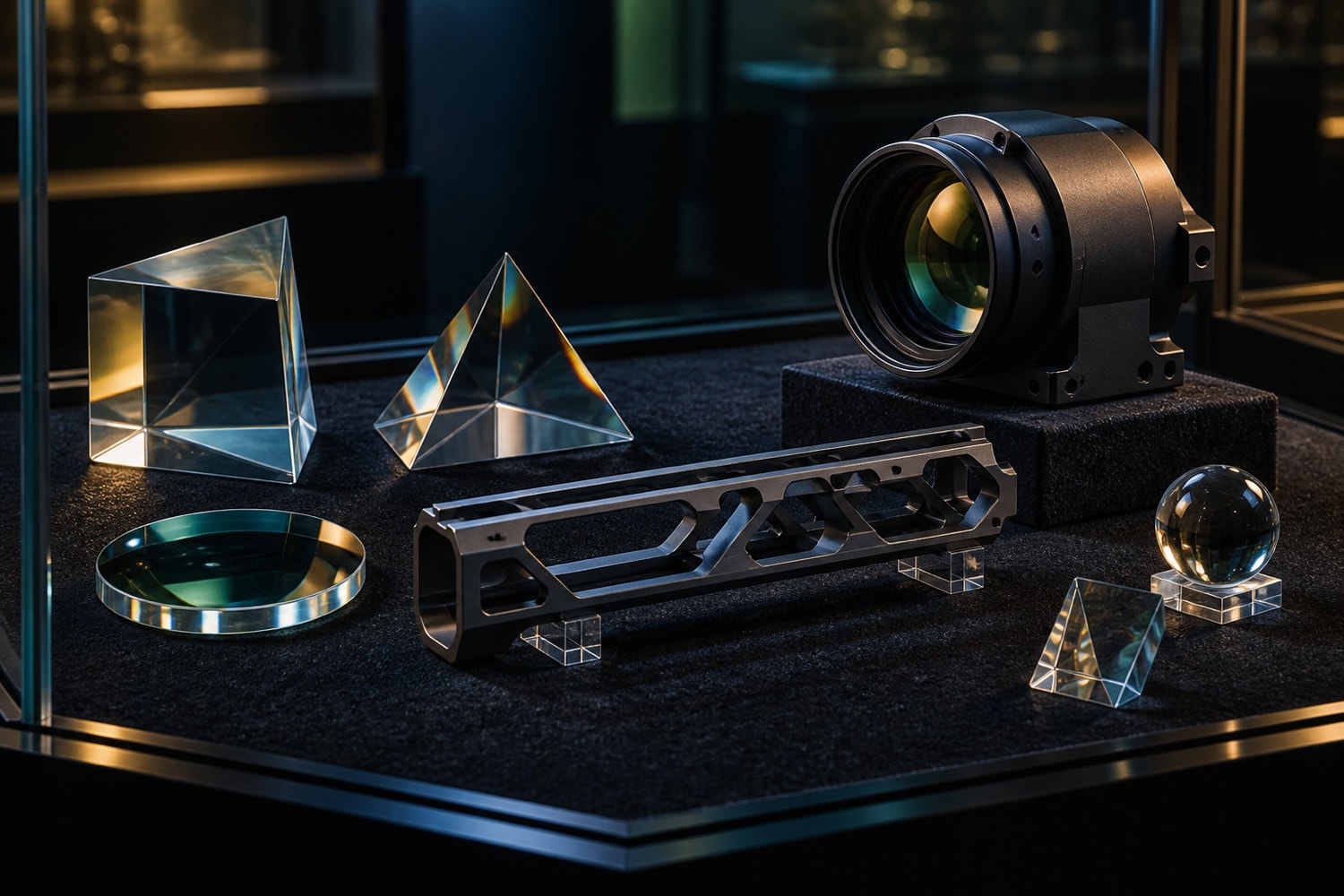 Unbranded optical glass, prisms and machined mounting specimens in a museum case