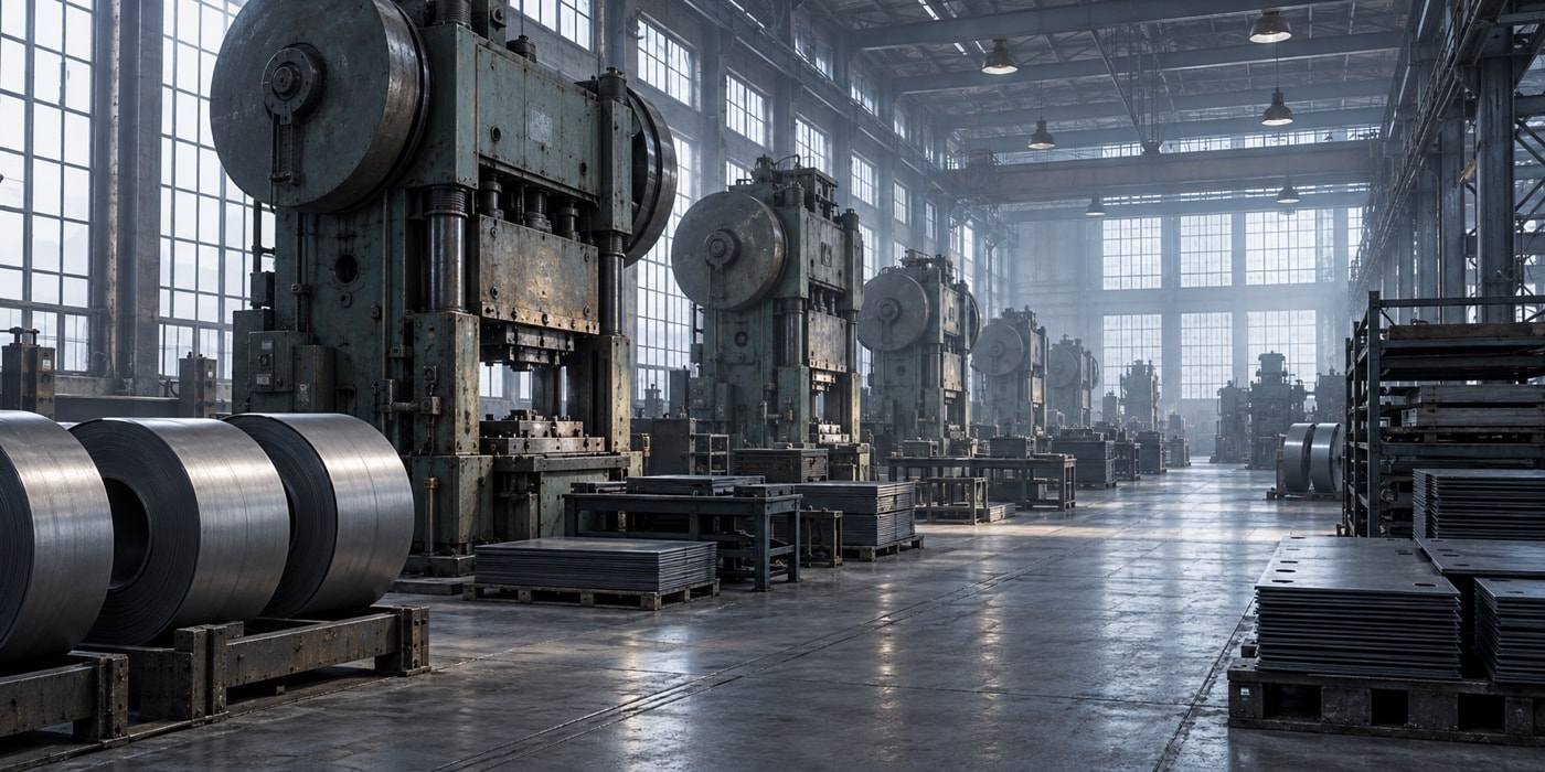 Idle sheet-metal presses and steel coils in an industrial hall