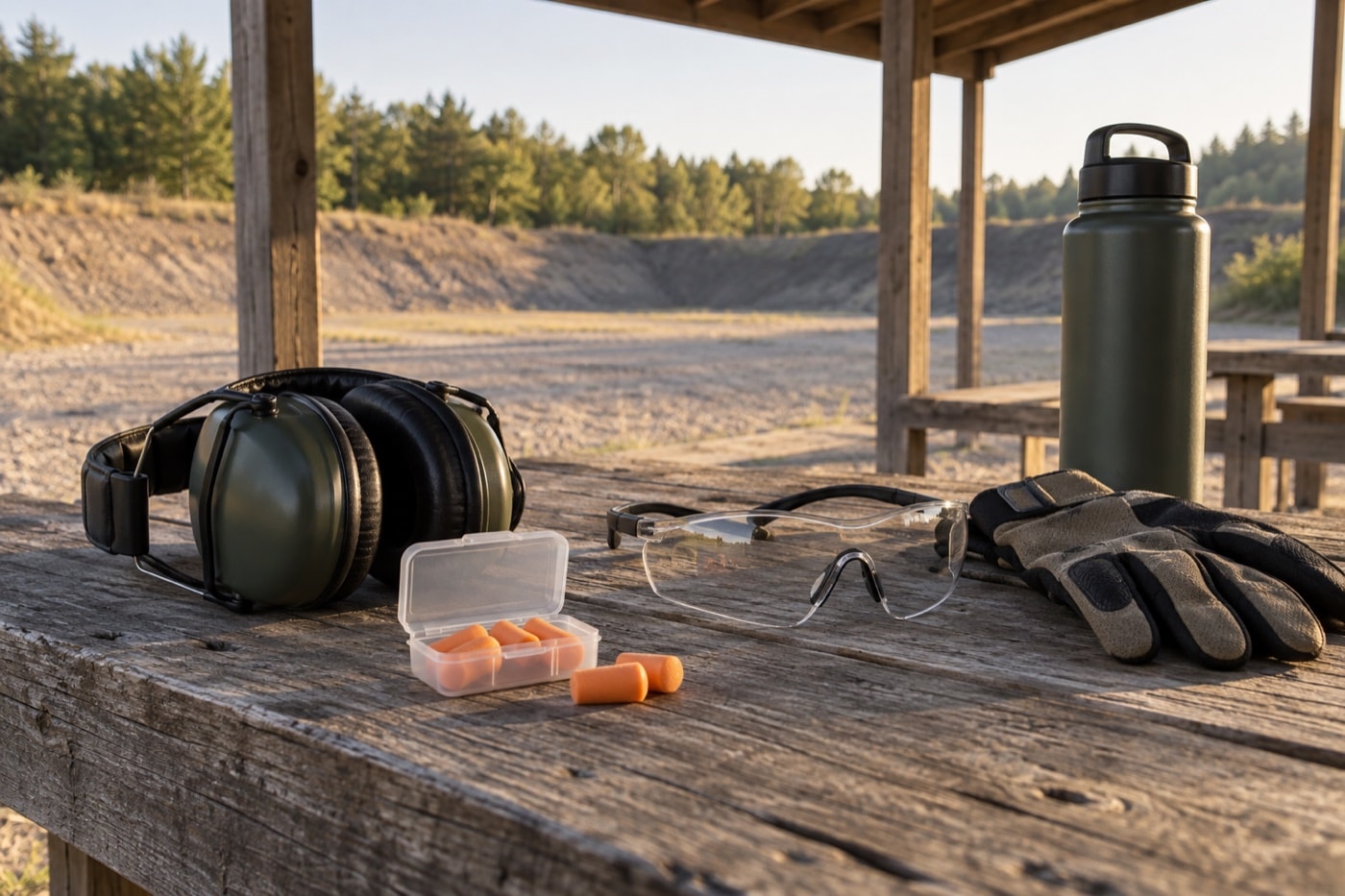 Hearing protectors, earplugs, clear safety glasses, gloves and water on an outdoor bench