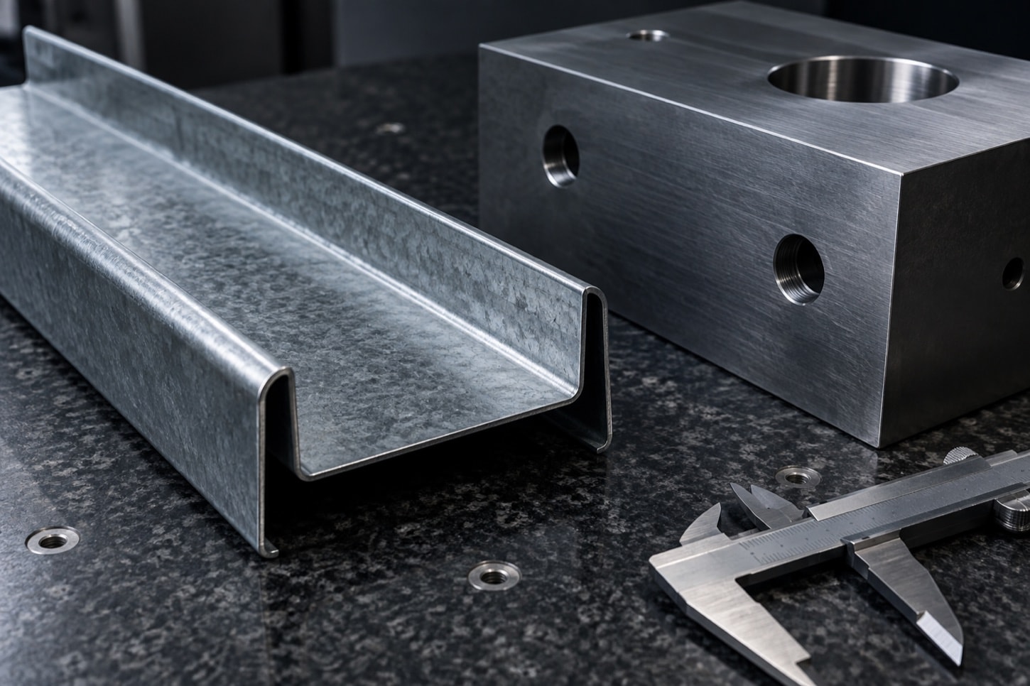 Folded sheet-steel channels beside a machined steel block on a metrology table